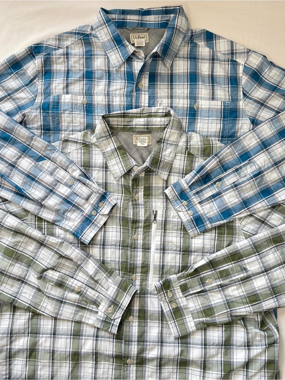 LL Bean Button Up Shirt Set‎ Of 2 Men’s XXL Blue Green Plaid Vented Hiking Camp